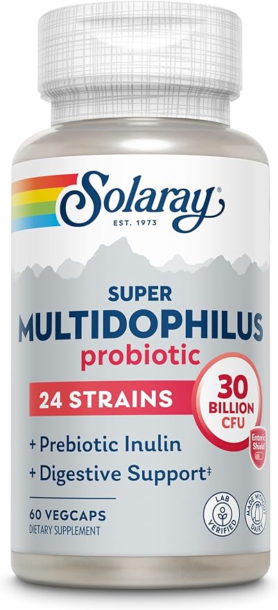 Solaray Multidophilus 24 Strain Probiotic 30 Billion CFU Probiotics for Digestive Health for Women and Men Daily Gut Health Support Complex with Prebiotic Inulin No Dairy - 100 VegCaps