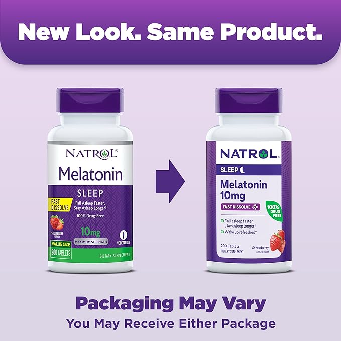 Natrol Melatonin 10mg 200 Tablets &amp 5mg 200 Tablets Strawberry-Flavored Fast-Dissolve Sleep Support Dietary Supplement Bundle