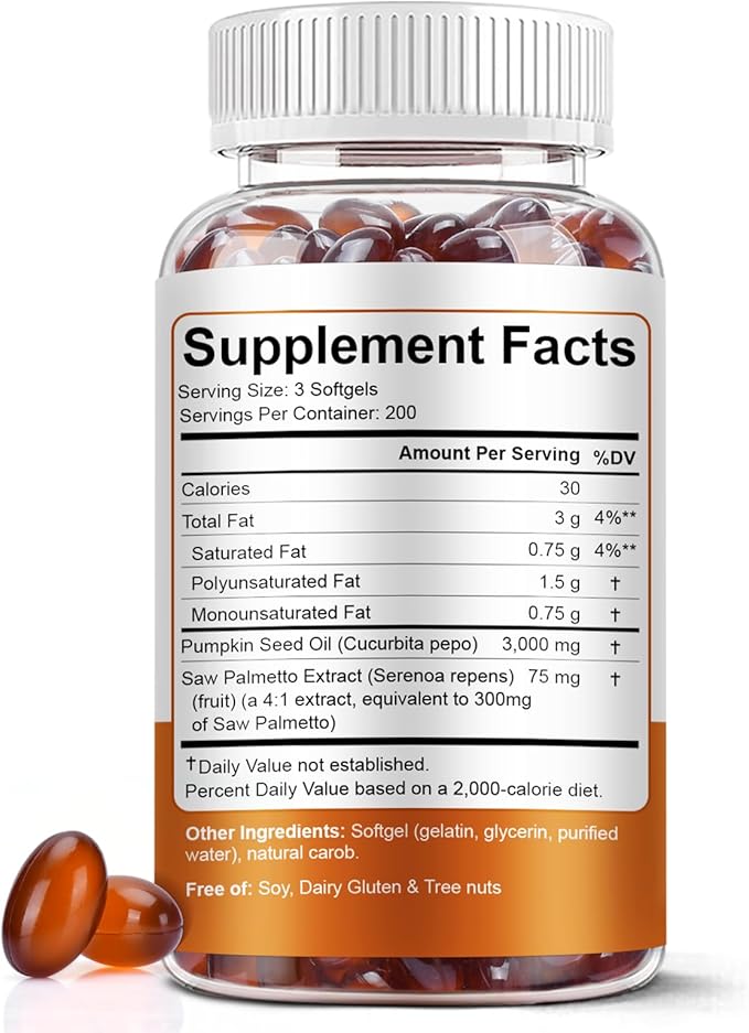 Pumpkin Seed Oil with Saw Palmetto Softgels 3000mg Per Serving 300/600 Softgels | Cold-Pressed with Essential Fatty Acids &amp Phytosterols | Supports Hair Urinary Bladder &amp Prostate Health |
