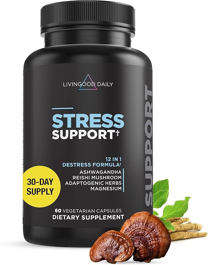 Livingood Daily Stress Support 12-in-1 Supplement with Ashwagandha Reishi Mushroom Vitamin B6 Adaptogenic Herbs &amp Magnesium Supports Mood &amp Calm Gluten Free Vegan 60 Vegetarian Capsule