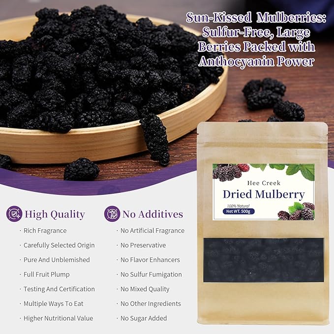 Hee Creek Large Dried Black Mulberries 17.64oz/500g Unprocessed Mulberry Tea No Sulfur Fumigation &amp No Sugar Nourishing and Soothe 黑桑葚 桑葚 黑桑椹干