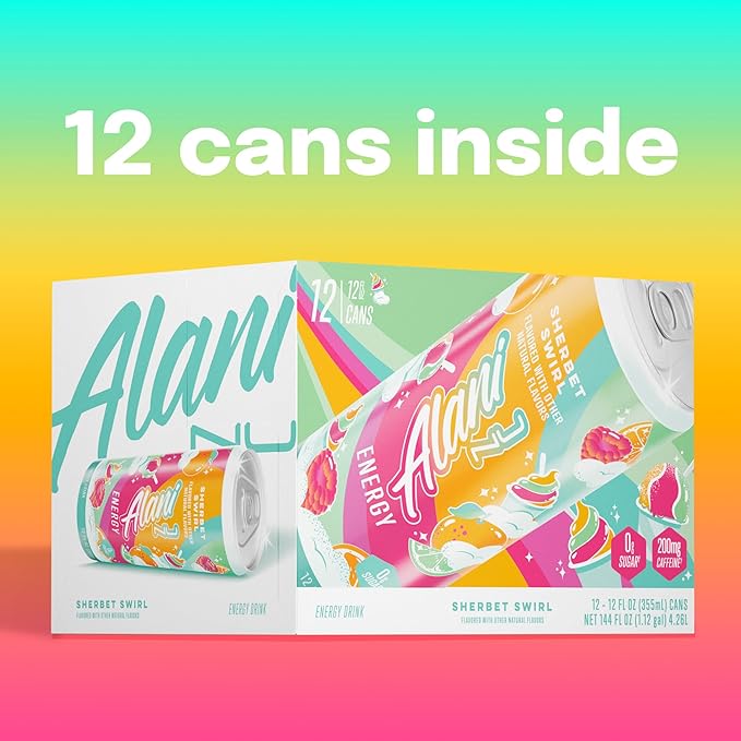 Alani Nu SHERBET SWIRL Sugar Free Low Calorie Energy Drinks 200mg Caffeine Biotin B Vitamins Zero Sugar 10 Calories 12 Fl Oz Cans 12 Pack