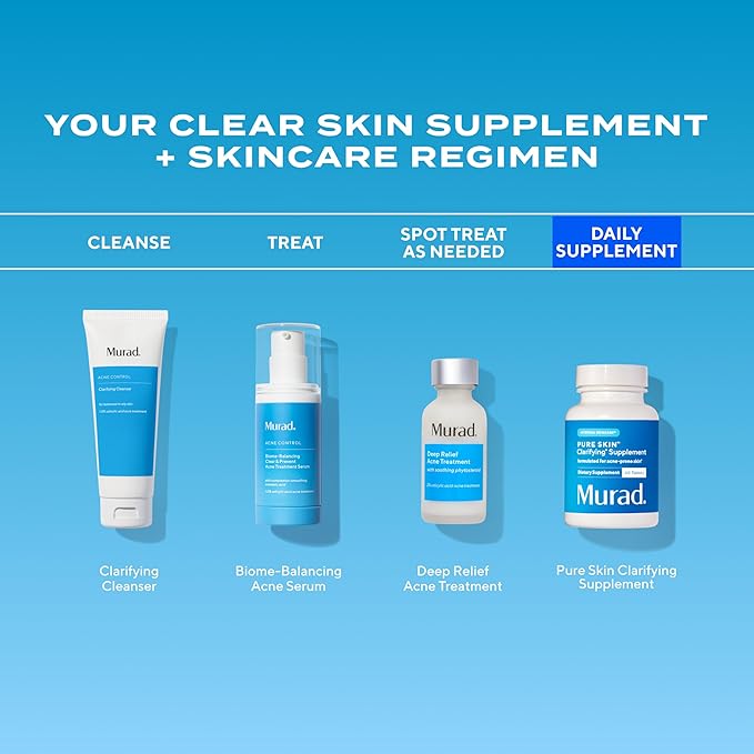 Murad Pure Skin Acne Supplements – 60 Tablets – Clear Skin Support with Blend of Vitamin A &amp B6 Zinc Amino Acids &amp Burdock Root – Promotes Healthy Skin Oil Balance Gut Health &amp Stress