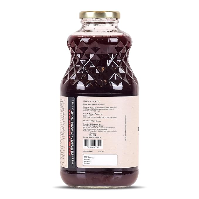 Urban Platter Canadian Cranberry Juice 1 Litre (Unsweetened No ed Sugar 100% Natural Cranberry Juice Good for UTI Health Perfect for Cocktails and Mocktails]