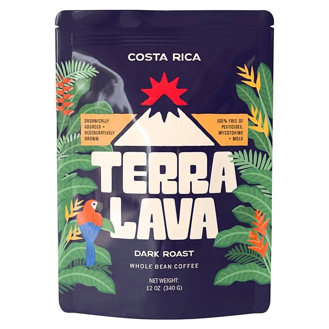Terra Lava Coffee – Medium Roast Whole Bean Coffee Single-Origin Costa Rican Arabica Volcanic Soil Grown Honey-Processed Tested for Mold &amp Mycotoxins (12 oz)
