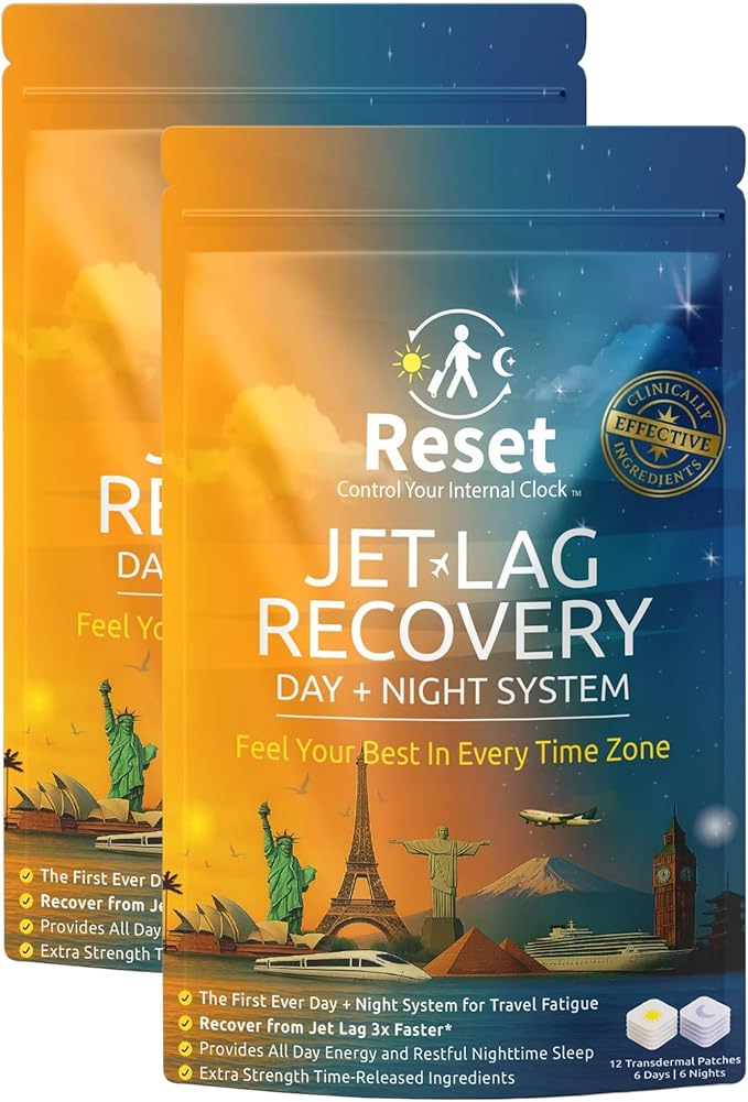 Reset Jet Lag Recovery System | Day and Night Transdermal Patches with Extra Strength Melatonin Magnesium and B Vitamins | Travel Fatigue Relief Sleep Support | Energy Boost (2 Traveler Bundle)