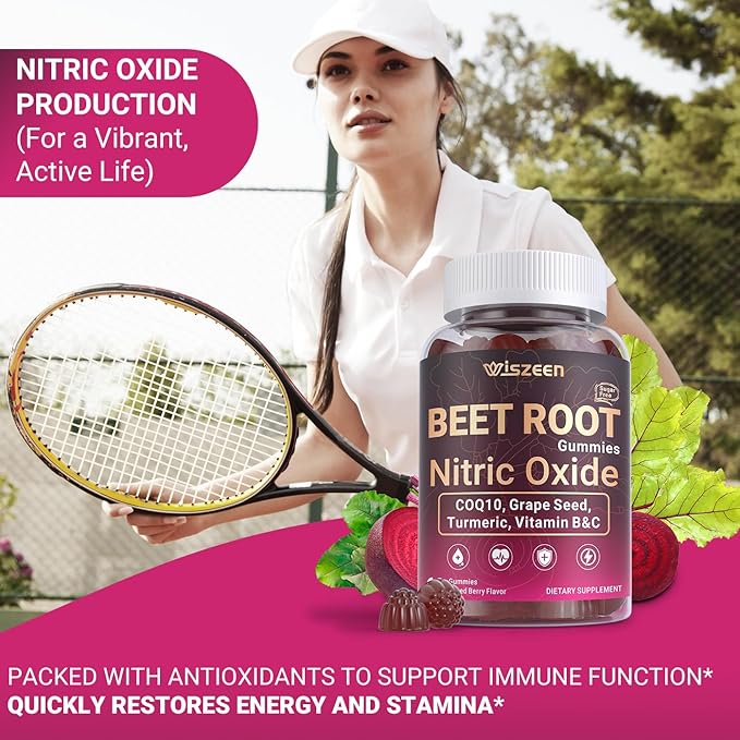 Beet Root Gummies Nitric Oxide Supplements for Men &amp Women with COQ10 Turmeric Extract Vitamin C &amp B12 Vegan Non-GMO Sugar Free 120 Cts