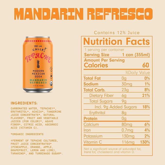 De La Calle Tepache - Mandarin - Modern Mexican Soda - Craft Fermented Pineapple Sparkling Beverage - Certified Organic Antioxidant Rich Non-Alcoholic Healthy Soda Low Sugar Low Calorie Non-GMO