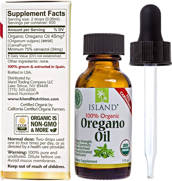 Oregano Oil Organic Liquid Drops - 100% Pure &amp Undiluted - USDA-Certified Organic (1 oz) 75% Carvacrol - Grown in Spain - Immune Support Supplement with Oil of Oregano.
