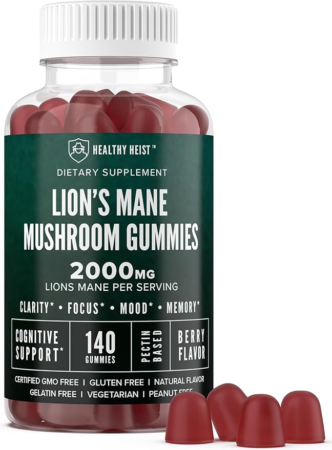 Lions Mane Mushroom Gummies for Adults 140 Count Bulk Lion's Mane Chewables High Potency 10:1 Organic Extract amounts to 2000mg Supplement Supports Mental Clarity Focus Mood and Brain Fog