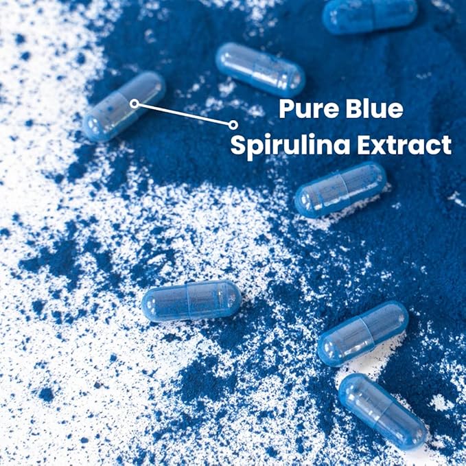Organic Pure Blue Spirulina Capsules | Natural Superfood | Prebiotic Phycocyanin Supplement | Healty Skin Oral Health &amp Wound Recovery | 30 Serving Bottle