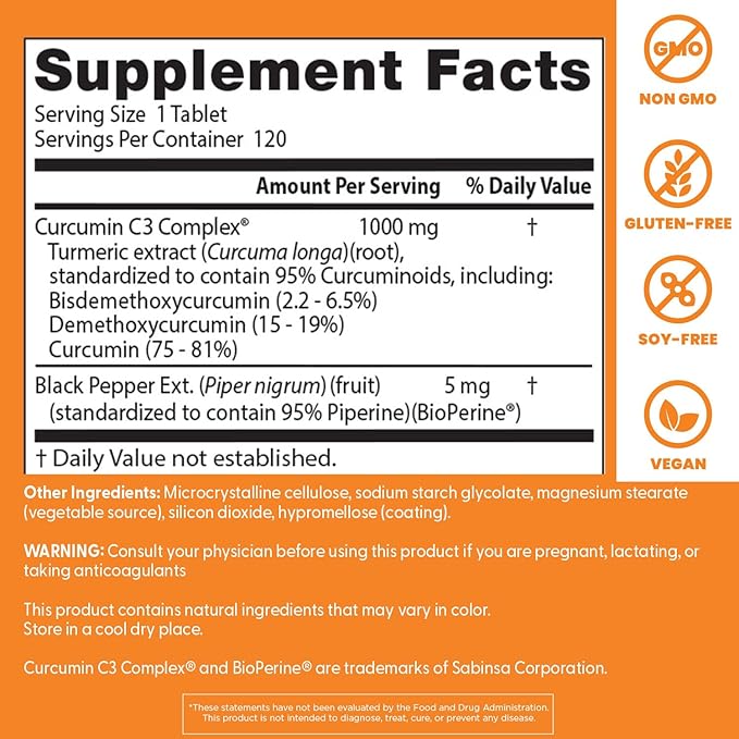 Doctor's Best Curcumin From Turmeric Root with C3 Complex &amp BioPerine Benefit the Joints by Helping to Neutralize Free Radicals Non-GMO Gluten Free Soy Free Joint Support 1000 mg 120 Tablet