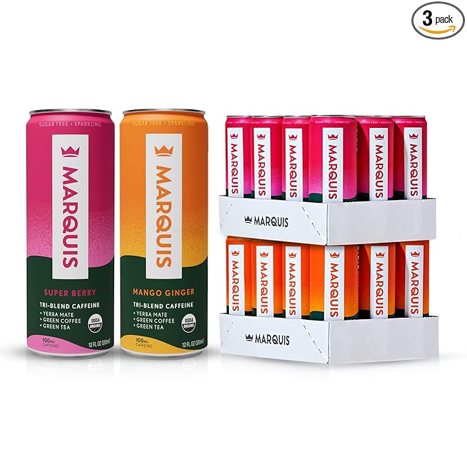 Marquis | Organic Energy Drink Alternative with Organic Plant Based Caffeine | Vegan Zero Calorie Sugar Free Sparkling Yerba Mate | Keto Energy Drinks Alternative | Super Berry x1+ Mango Ginger x1