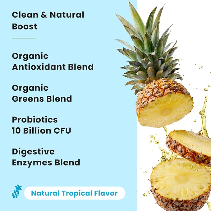 NutraChamps Super Greens Powder Premium Superfood | 20+ Organic Green Veggie Whole Foods | Alfalfa Spirulina Chlorella &amp More | Antioxidant Digestive Enzyme &amp Probiotic Blends | Tropical |