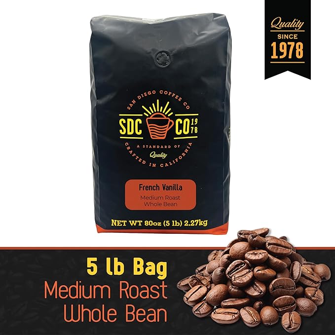 San Diego Coffee French Vanilla Medium Roast Whole Bean Coffee 5-Pound Bag Café en grano tostado