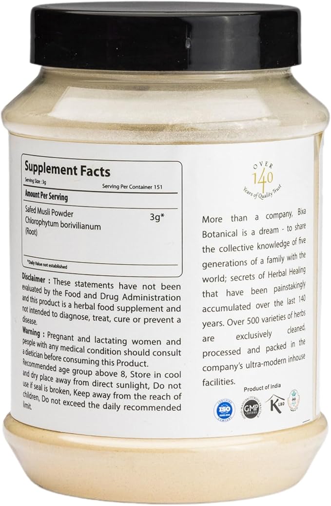 bixa BOTANICAL Ayurvedic Natural Herbal Supplement Safed Musli Powder Pure Authentic Premium Quality | Gluten Free Non-GMO Steam Sterlized Vegan (16 Ounce (Pack of 1) Safed Musli Powder)
