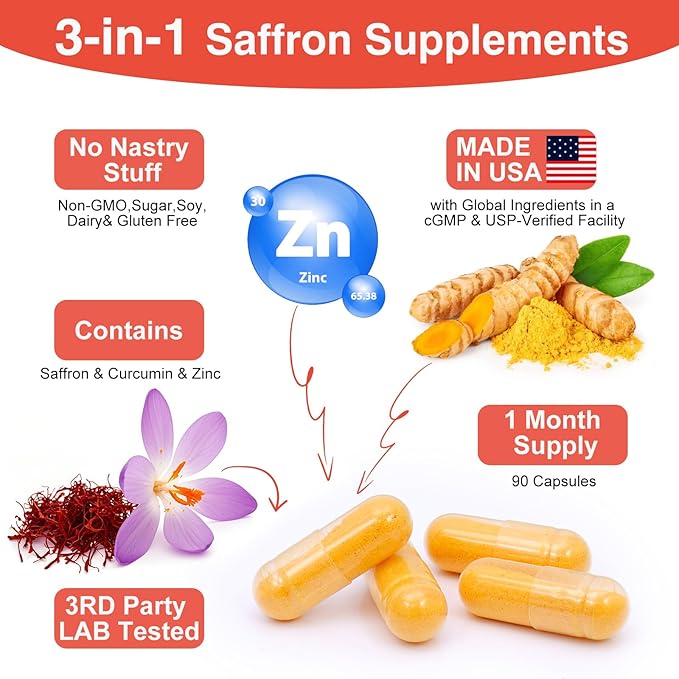 Super Saffron Supplements for a Happy Mind &amp Body - with Pure Optimized Organic Saffron Extract 30mg Curcumin &amp Zinc - Vegan Non-GMO Pills Support Focus Mood Eye Health for Women &amp Men