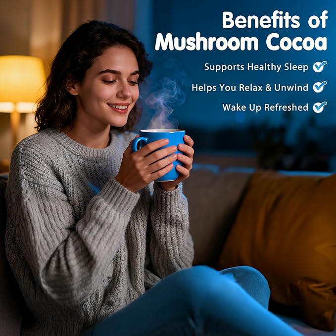 Mushroom Hot Cocoa Powder Sleep Supplement with Reishi Mushroom Melatonin Glycine Cacao L-Theanine Chicory Supports Relaxation &amp Fall Asleep Vegan 20 Servings