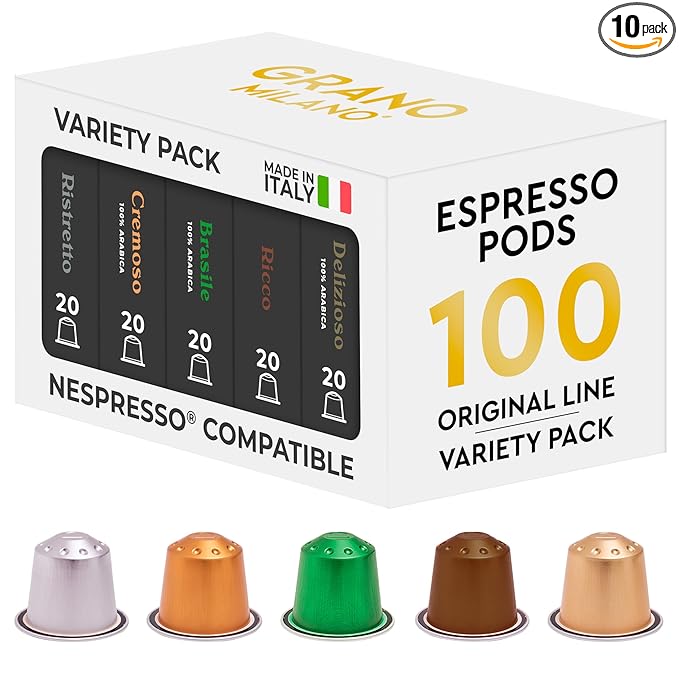 Grano Milano Variety Pack Coffee Capsules - 100 Aluminum Coffee Pods Compatible With Nespresso Original Line Medium And Dark Roast Made In Italy