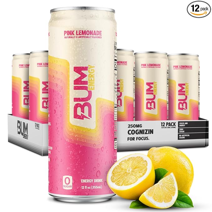 BUM Sugar-Free Energy Drink Pink Lemonade - Lightly Carbonated &amp No Artificial Colors Natural Caffeine &amp Citicoline for Energy &amp Focus Brain Boost &amp Workout Sports Beverage - 12 oz