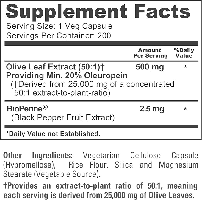 NusaPure Olive Leaf 20% Oleuropein 50:1 Extract 500 mg Equivalent to 25000 mg 200 Veg Caps Suitable for Vegetarians and Vegans Non-GMO