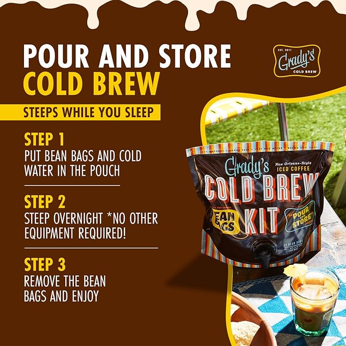 GRADY’S COLD BREW New Orleans Style 100% Arabica Ground Coffee &amp Chicory Pouches All-in-One Cold Brew Kit with 12 Easy-to-Brew Beans Bags Makes 36 drinks
