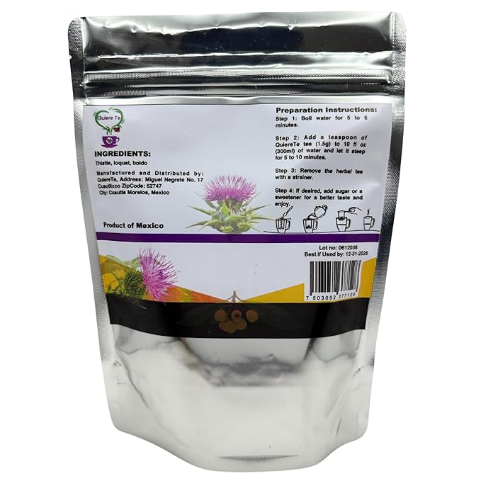 Cardo Mariano Milk Thistle Loquat Boldo Tea Quiere Te 100% Natural Blend Herbal Tea for Liver Detox Support Cleanse and Digest Non-GMO Sugar Free Caffeine-Free Up to 100 Cups 1 Bag
