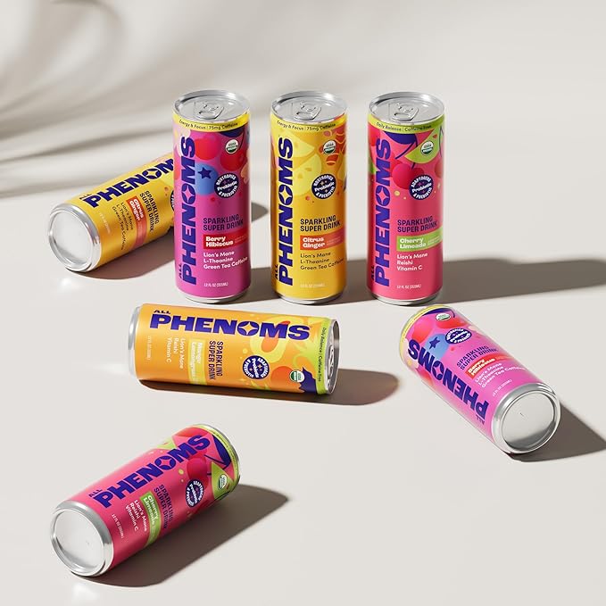 All Phenoms Sparkling Organic Prebiotic &amp Probiotic Drink - Adaptogen Mushroom Blend (Lions Mane &amp Reishi) L-Theanine Caffeine Fiber B12 C Zinc Gluconate (No Stevia) - Variety Pack 12 P