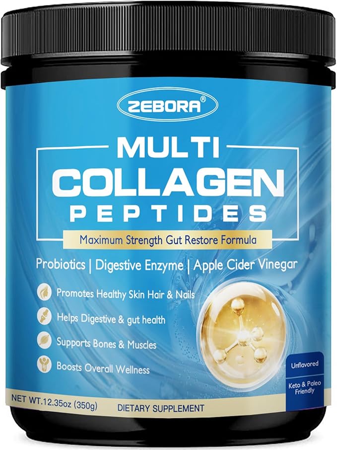 ZEBORA Multi Collagen Peptides Powder with Probiotic for Gut Health Hydrolyzed Collagen with Digestive Enzymes Prebiotics for Women Support Digestive Health Skin Hair Joints Non-GMO35 Servings