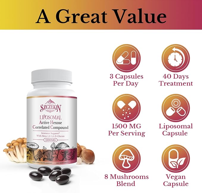 1500mg Liposomal Active Hexose Correlated Supplement720 Soft Gels Beta-Glucans with Natural Mushroom Extract Immune System Liver Function Maintain T-Cell &amp Killer Cell Activity