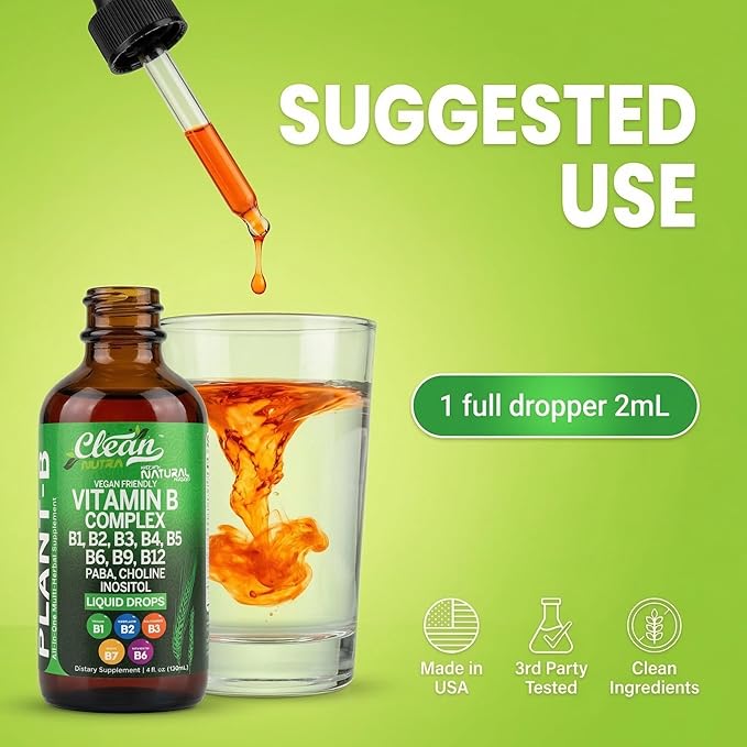 Vitamin B Complex Liquid Drops | Thiamine B1 B6 B2 B3 B4 B5 B7 B9 B12 Niacinamide Paba Choline Inositol Taurine Probiotics Beet Root Spirulina - Plant-B Vitamin Supplements by Clean Nutra