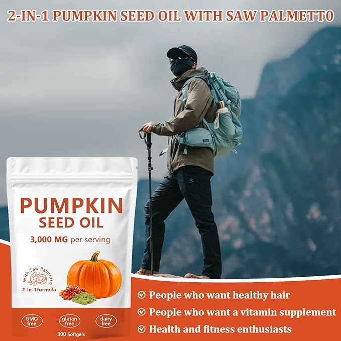 Ovela Pumpkin Seed Oil Capsules Pumpkin Seed Oil 2 in 1 with Saw Palmetto 3000mg Pure &amp Natural Supplement Hair Growth Skin Care - Non-GMO Gluten - Free 300 Softgels