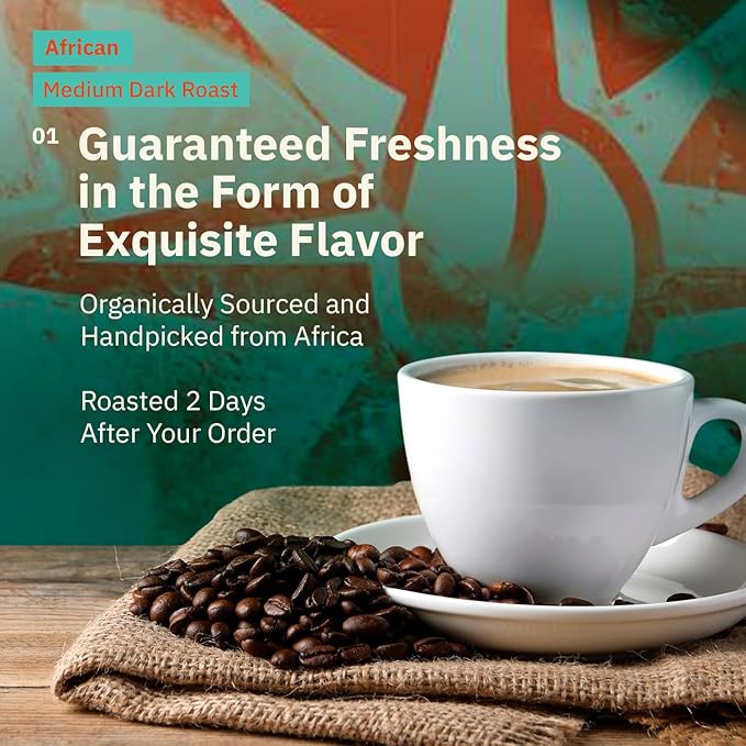 Kochere Horn of Africa Signature Blend Whole Bean Coffee – 1LB – Single Origin Components Freshly Roasted to Order – Artisanal Medium Roast – Bold Complex and Fruity Notes – Organic Farm Direct Sp
