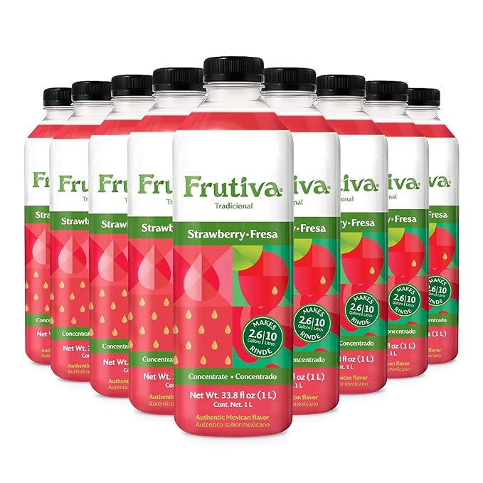 Frutiva Authentic Strawberry Drink Mix | Made in Mexico with Cane Sugar Oats &amp Cinnamon | Aguas Frescas Concentrate Makes 2.6 Gallons Per Bottle | No High Fructose Corn Syrup | Perfect for Drinks