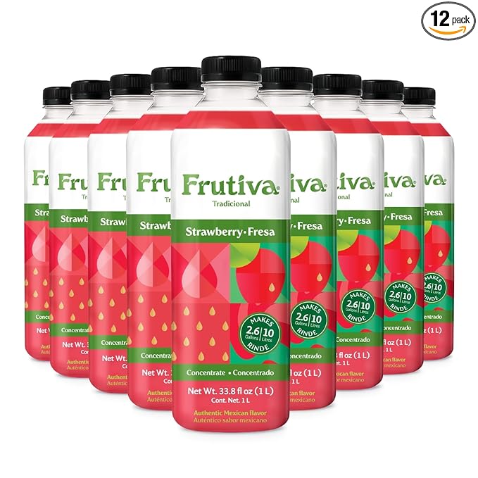 Frutiva Authentic Strawberry Drink Mix | Made in Mexico with Cane Sugar Oats &amp Cinnamon | Aguas Frescas Concentrate Makes 2.6 Gallons Per Bottle | No High Fructose Corn Syrup | Perfect for Drinks