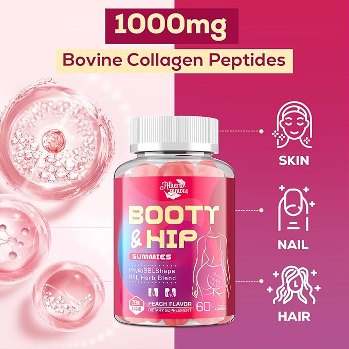 Booty Gummies for Women - BBL Gummies with Bovine Collagen Peptides - Herbal Blend with Aguaje Fenugreek Kwao Krua Wild Yam Blessed Thistle Vitamin C &amp Zinc - Delicious Peach Flavor