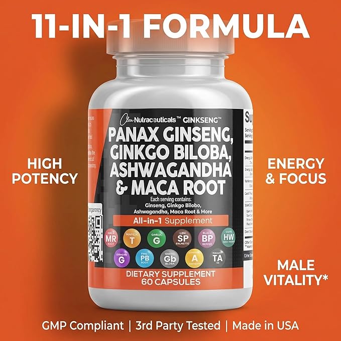 Clean Nutraceuticals Panax Ginseng Ginkgo Biloba Ashwagandha Maca Root - Focus Supplement Pills for Women and Men with Pine Bark Extract Garlic and Saw Palmetto - 60 Caps