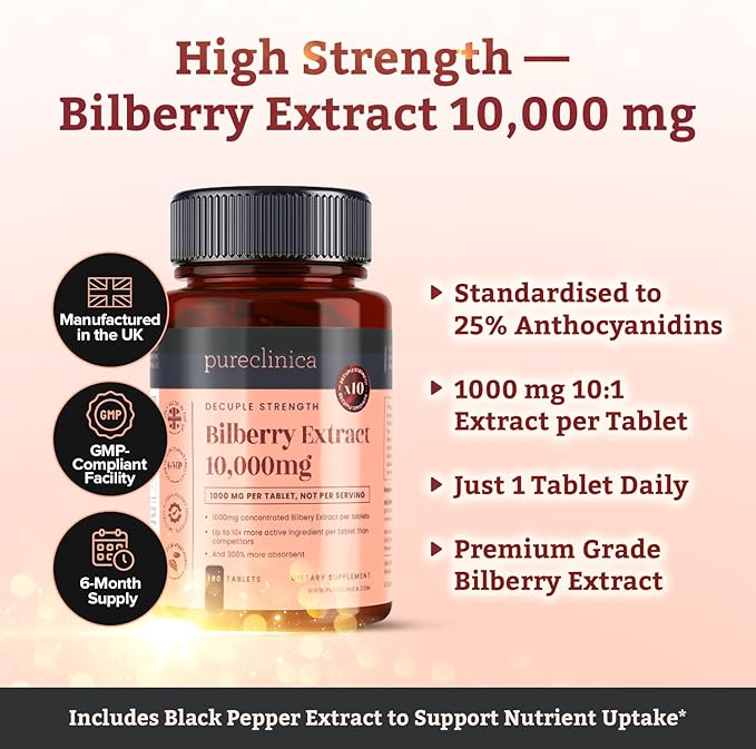 Bilberry Extract 10000mg x 180 Tablets (6 Months Supply)- 10X More anthocyanidin Plus 5mg Black Pepper per Tablet