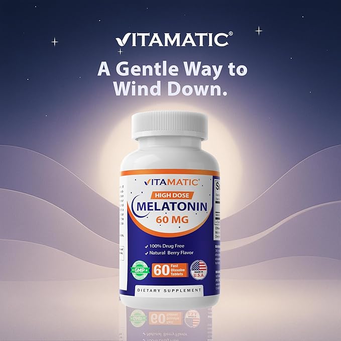 Vitamatic Melatonin 60 mg Fast Dissolve Tablets - 60 Vegan Natural Berry Flavor Tablets - Non-Habit Forming - Non-GMO Gluten Free (2 Bottles)
