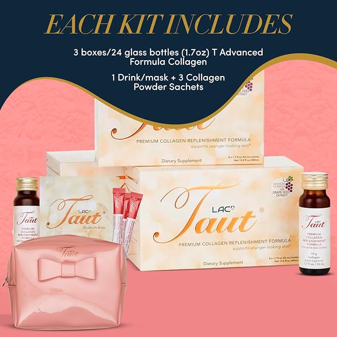 TAUT Premium Marine Collagen Drink 13000mg Anti-Aging Formula 24 Bottles (1.7oz Each) + Collagen Face Mask + 3 Powder Sachets Japan-Made Liquid Collagen for Skin Hair &amp Joints