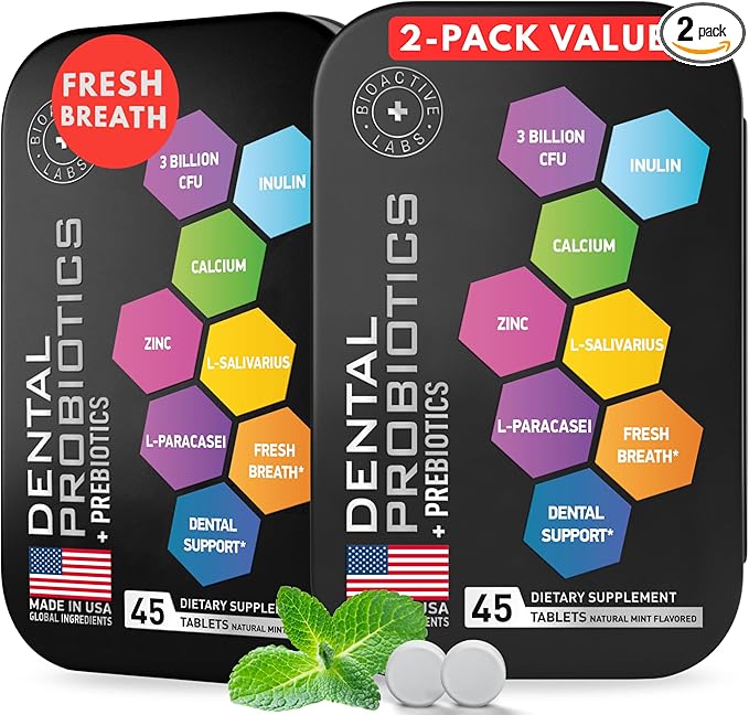 Dental Probiotics for Teeth and Gums - Lactobacillus Salivarius Probiotic and Prebiotic Blend - Best Oral Probiotic for Teeth Gums and Bad Breath - 90 Natural Mint Tablets in Travel Tins
