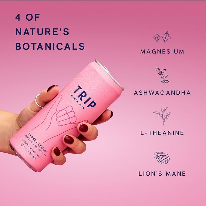 TRIP Lightly Sparkling Adaptogen Drink Non Alcoholic Drink with Magnesium Ashwagandha Lions Mane &amp L Theanine No Added Sugar Mocktail Vegan Cherry Lemon 12 Oz 12Pk