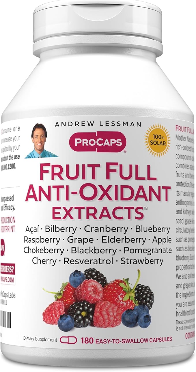 ANDREW LESSMAN Fruit Full Anti-Oxidant Extracts 180 Capsules - 14 Natural Fruit and Berry Extracts. Bilberry Cranberry Grape Seed Pomegranate Resveratrol and More. Easy to Swallow Capsules