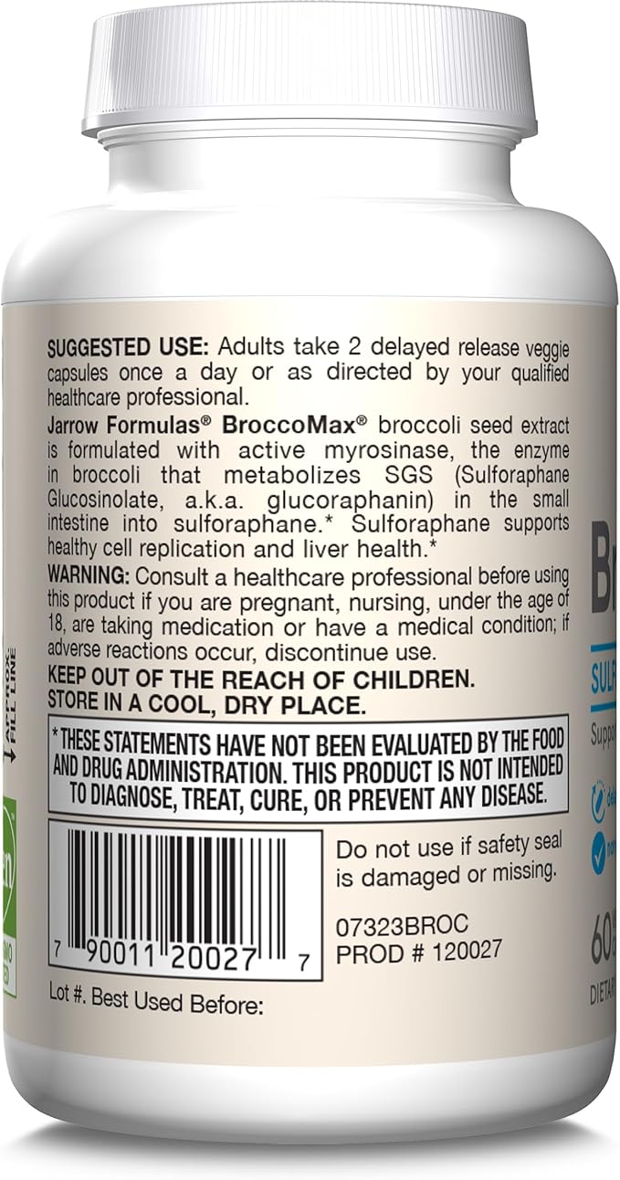 Jarrow Formulas BroccoMax Sulforaphane Generator 35 mg Sulforaphane Glucosinolate &amp Myrosinase Broccoli Seed Supplement for Liver Health Support 60 Delayed Release Veggie Capsules 30 Day Suppl