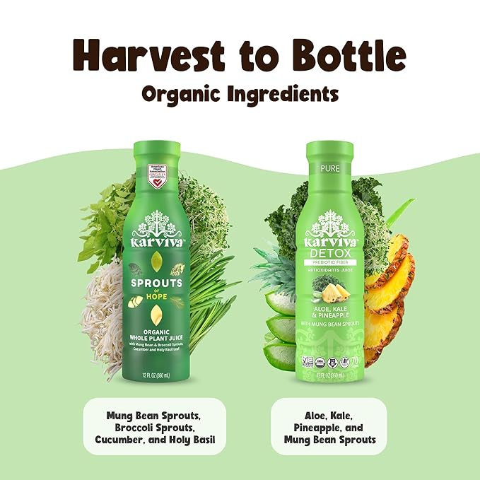 Karviva Organic Juice Cleanse for Liver Detox &amp Hormone Health - Ancient Remedies with Broccoli Sprouts Aloe Vera Kale Kiwi Ginger - Low-Sugar Prebiotic Fiber Antioxidants (6 BPA-Free Toxi