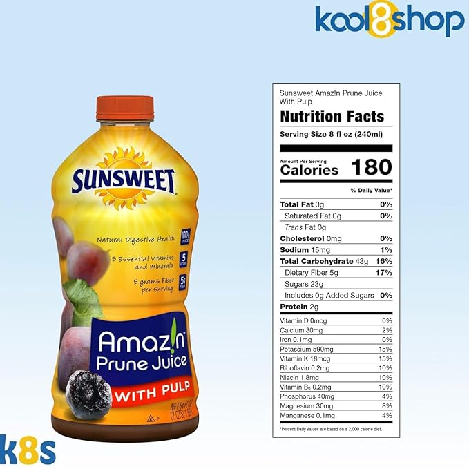 Sunsweet Amazin Prune with Pulp Juice 64 fl oz Plastic Bottles 4 Pack + 15 Sugarcane Disposable Straws by KOOL8SHOP Infinite Deals