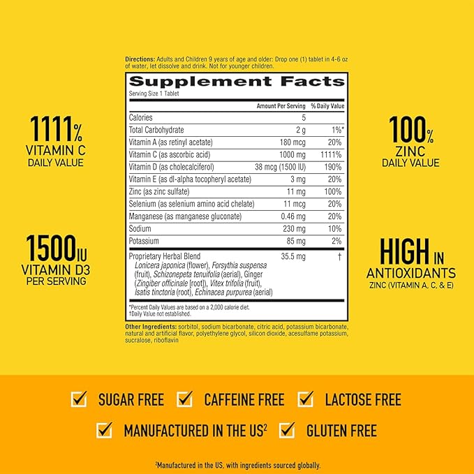 Airborne 1000mg Vitamin C + Zinc Sugar Free Multivitamin Immune Support Effervescent Fizzy Drink Tablets Zesty Orange Flavor with Powerful Antioxidants Vitamins A C &amp E 30 Tablets (2 Pack)