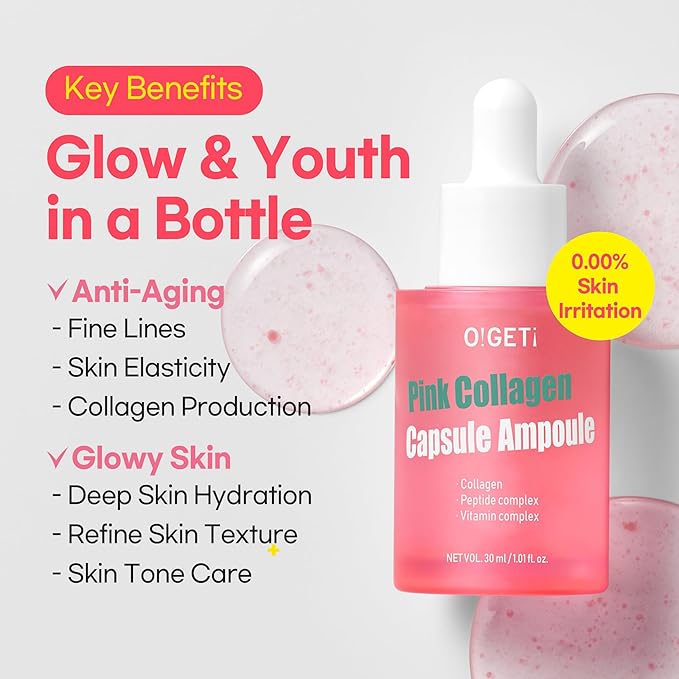 Pink Collagen Ampoule Triple Serum Capsules for Firmness with 300DA Ultra-Low Molecular Collagen Hypoallergenic 1.0 fl.oz
