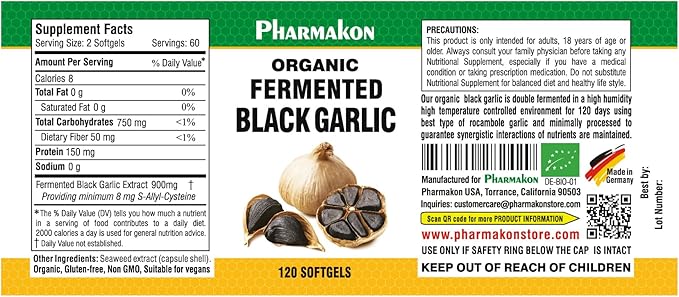 PHARMAKON Organic Aged Black Garlic Bioavailable Soft Capsules Wholesome Reduced Odor (120 Count)