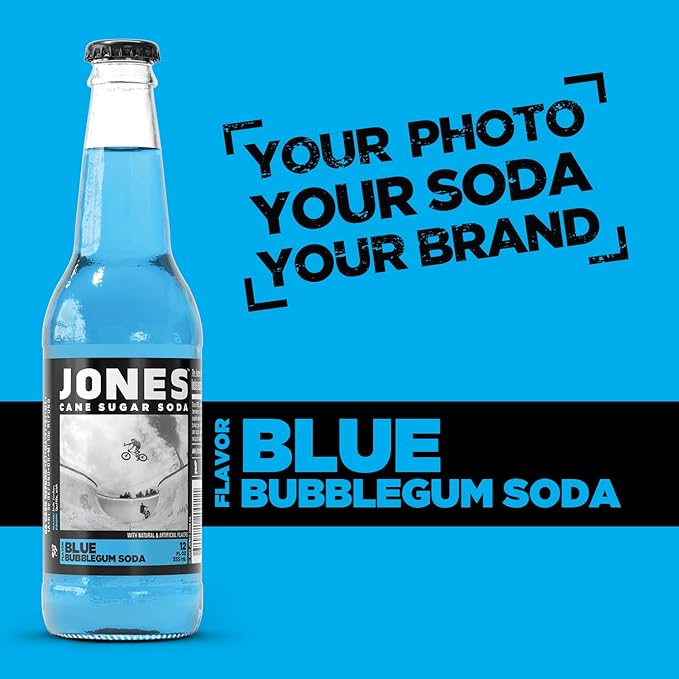 Jones Soda Co. Blue Bubblegum Flavor | 12-Pack | The Original Craft Soda | Made with Pure 100% Cane Sugar | Pop Beverages/Soft Drinks | 12 Oz Glass Bottles